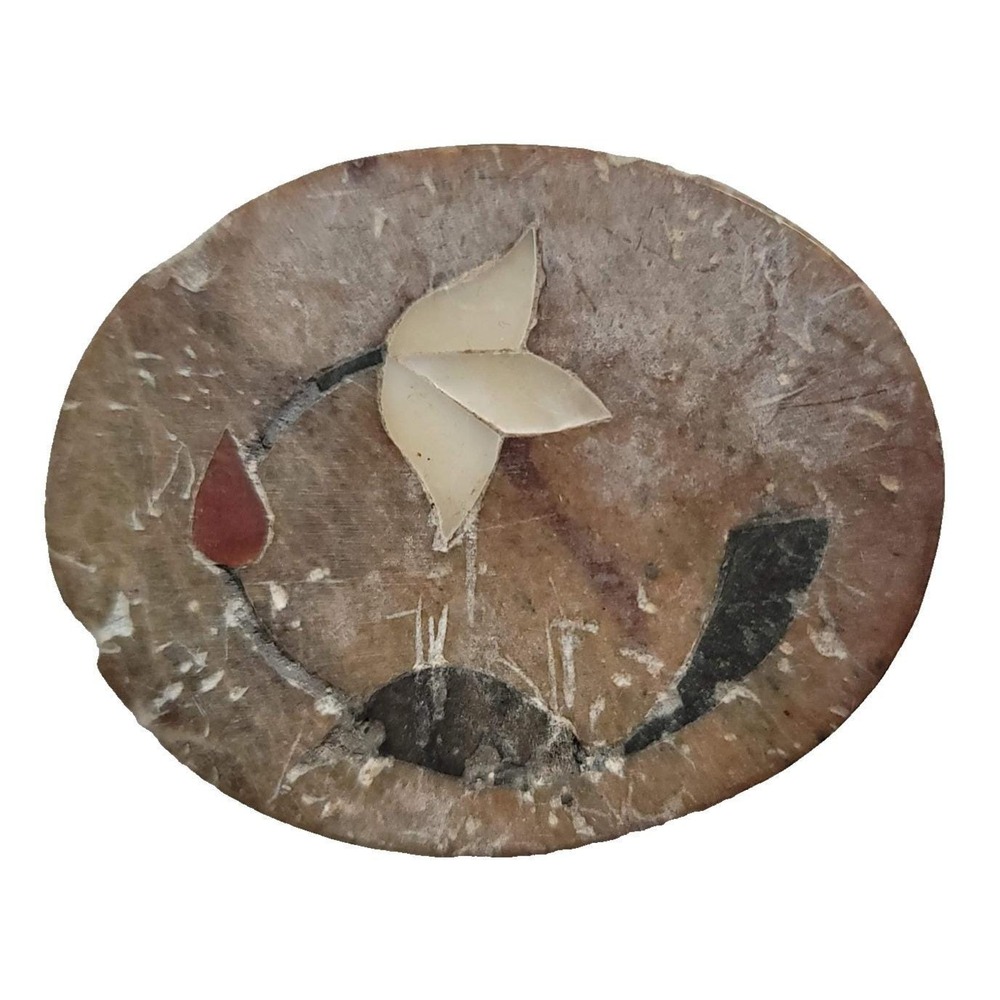 Beige Stone Trinket Box Oval Mini Carved Floral Inlay Decor‎ Gift Rustic